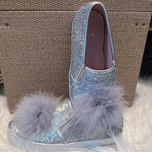Kate Spade New York Glitter Slip-On Sneakers with Pom Poms –Silver Sparkle SZ8